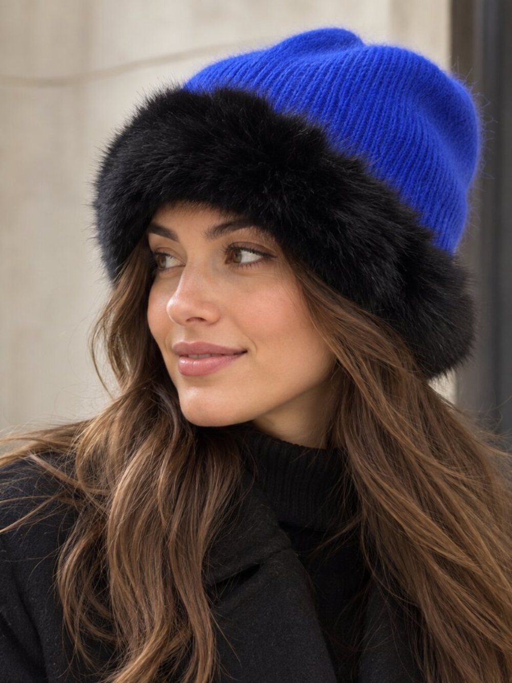 Vitage ARIS Angora Wool Hat Blue Faux Fur Trim Beanie NWOT Made in USA Flaw